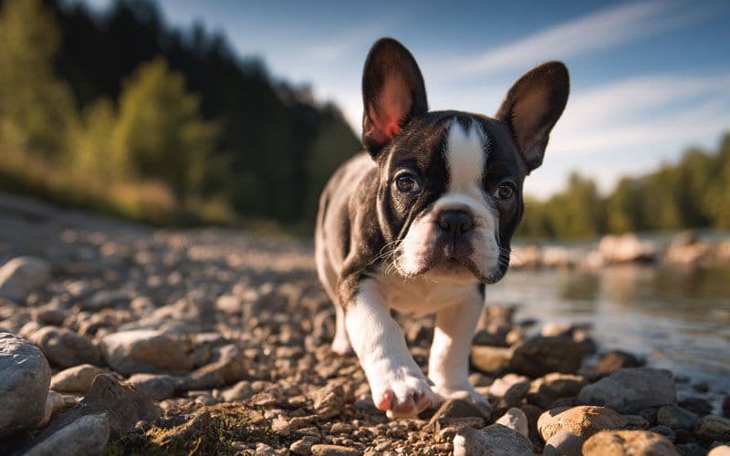 Puppy is developing proprioception on a rocky riverbank.